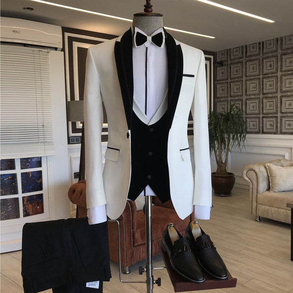 Black White Shawl Lapel Slim Fit Wedding Tuxedos-Ballbella