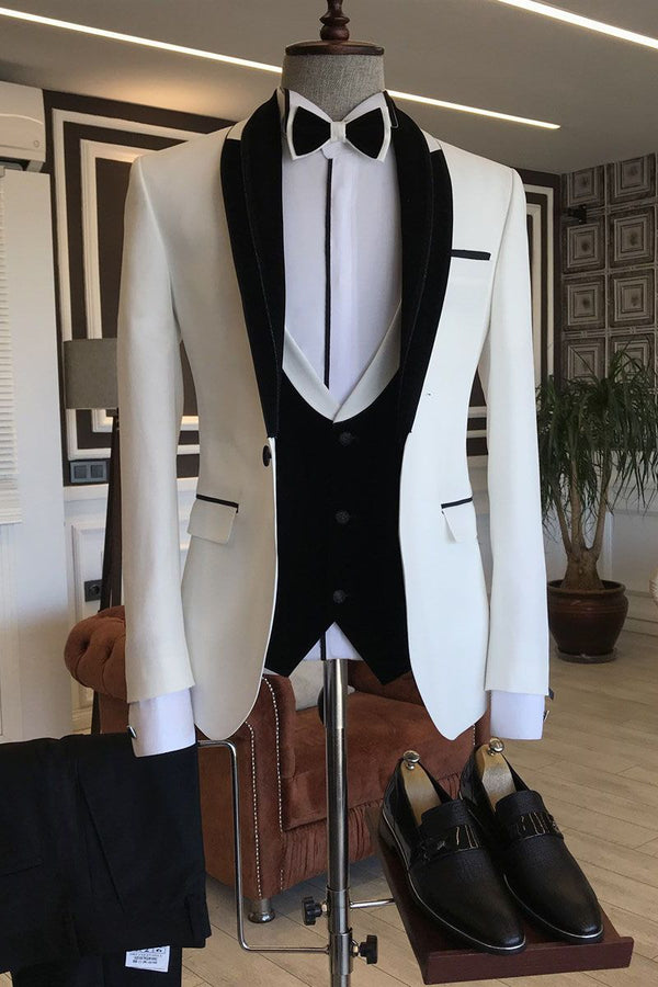 The Bespoke Shawl Lapel Single Breasted Men Suit is an essential part of any wardrobe. Whether you need a sharp business suit, a Custom design black tie evening look or a wedding or prom suit, you will find the perfect fit in Ballbella collection.Custom made this Black White Shawl Lapel Slim Fit Wedding Tuxedos with rush order service.
