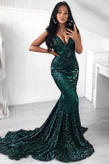 Blackish Green V-neck Off-the-shoulder Mermaid Prom Dress Sequins Long-Ballbella