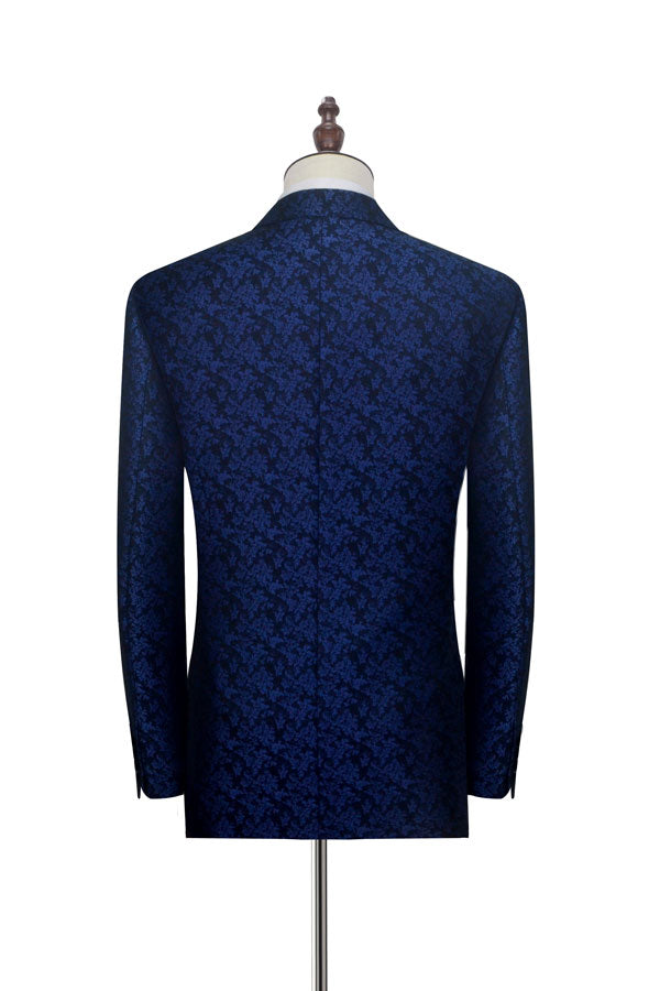 Blue Floral Patter Tuxedos for Wedding Black Velvet Peak Collar Prom Suits-Ballbella