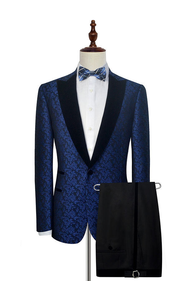 Blue Floral Patter Tuxedos for Wedding Black Velvet Peak Collar Prom Suits-Ballbella