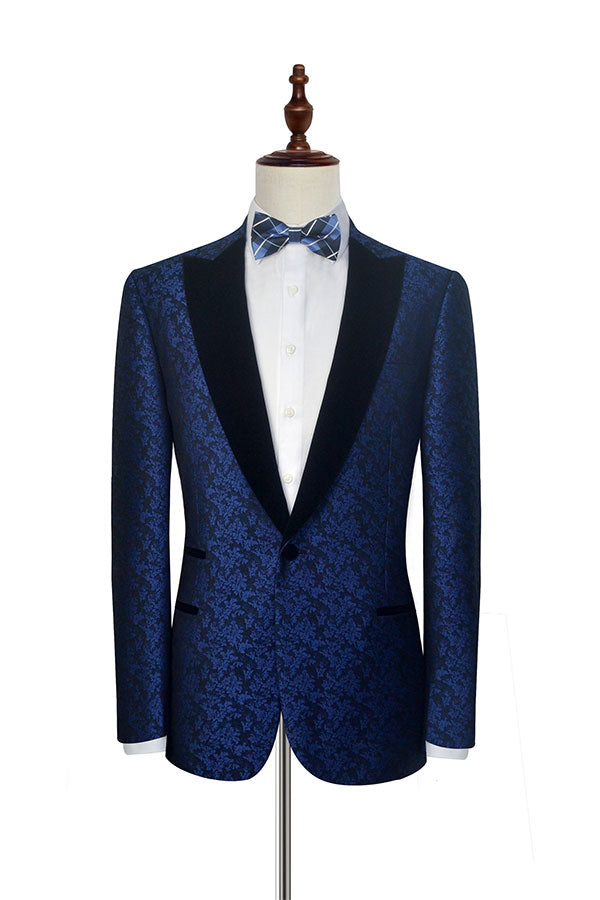 Blue Floral Patter Tuxedos for Wedding Black Velvet Peak Collar Prom Suits-Ballbella