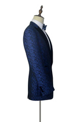 Blue Floral Patter Tuxedos for Wedding Black Velvet Peak Collar Prom Suits-Ballbella