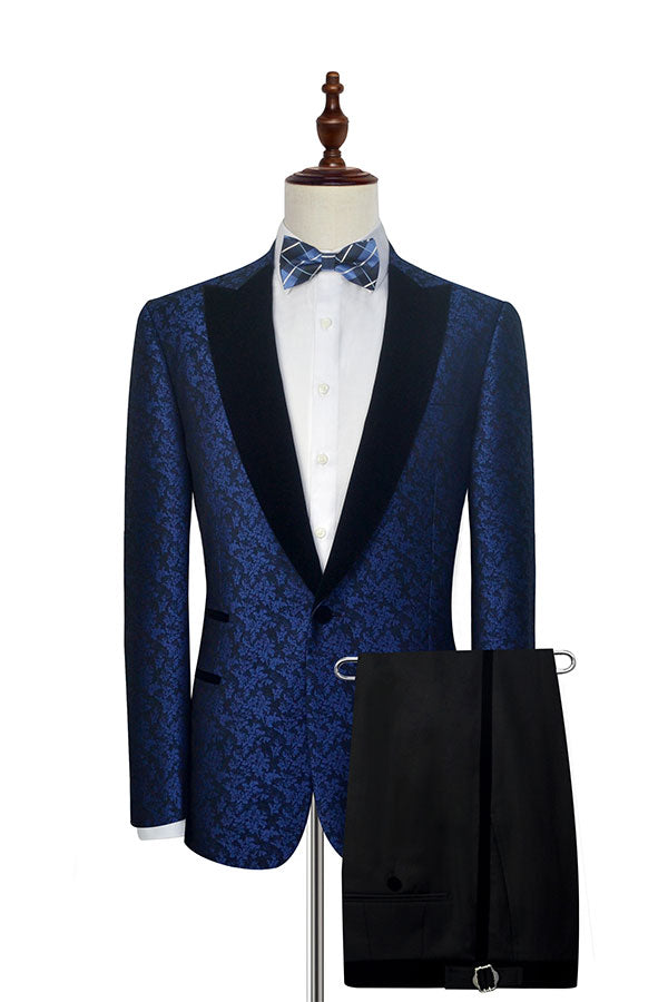 Blue Floral Patter Tuxedos for Wedding Black Velvet Peak Collar Prom Suits
