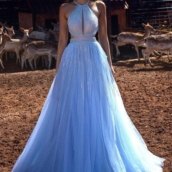 Blue Halter Beadings Long Prom Dress Tulle Evening Party Gowns Blue Halter Beadings Long Prom Dress Tulle Evening Party Gowns