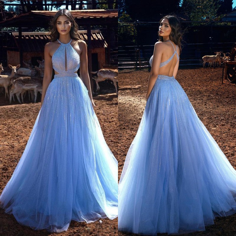 Blue Halter Beadings Long Prom Dress Tulle Evening Party Gowns-Ballbella
