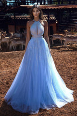 Blue Halter Beadings Long Prom Dress Tulle Evening Party Gowns-Ballbella