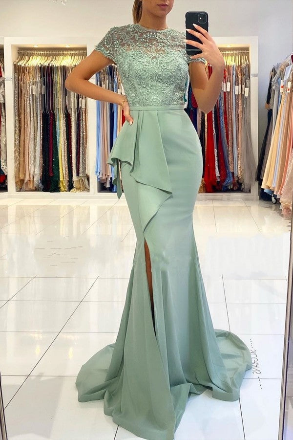 Ballbella offers Blue High neck Lace column Long Buttons Split Short sleeves Evening Dress at a cheap price from Satin to Mermaid Floor-length hem. Gorgeous yet affordable Short Sleeves Prom Dresses, Evening Dresses, Homecoming Dresses.