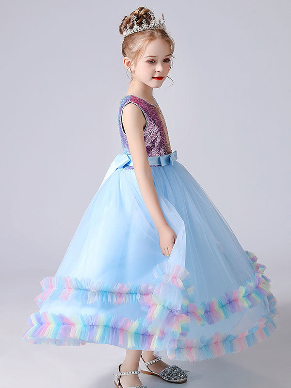 Blue flower girl dresses Jewel Neck Tulle Sleeveless Ankle-Length Bows Kids Social Party Dresses Princess Dress