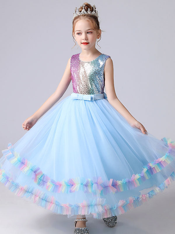 Blue flower girl dresses Jewel Neck Tulle Sleeveless Ankle-Length Bows Kids Social Party Dresses Princess Dress