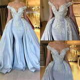 Ballbella offers new Elegant Off-the-Shoulder V-neck Mermaid Beading Appliques Prom Dresses With Overskirt Blue Sleeveless Long Party Gowns at cheap prices. It is a gorgeous Column Prom Dresses in Satin,  which meets all your requirement.