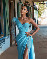 Blue One Shoulder Long Sleeve Prom Dress Mermaid Split With Sequins-Ballbella