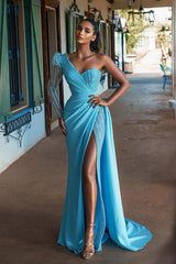 Blue One Shoulder Long Sleeve Prom Dress Mermaid Split With Sequins-Ballbella