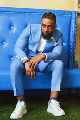 Blue Peaked Lapel Double-Breasted Prom Suit-Ballbella