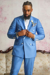 Blue Peaked Lapel Double-Breasted Prom Suit-Ballbella