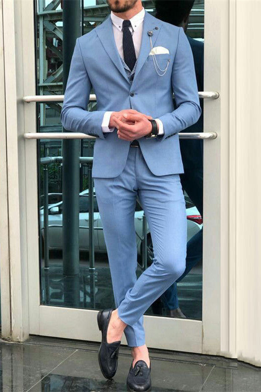 Blue Peaked Lapel Slim Fit Designer Men Suits-Ballbella