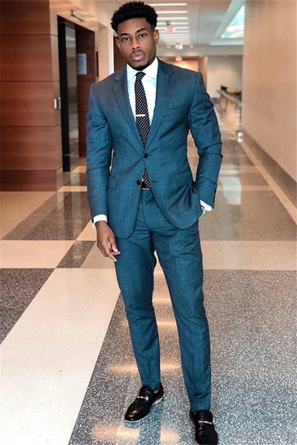 Blue Plaid Prom Suit Formal Business Two Piece Men Suits-Ballbella