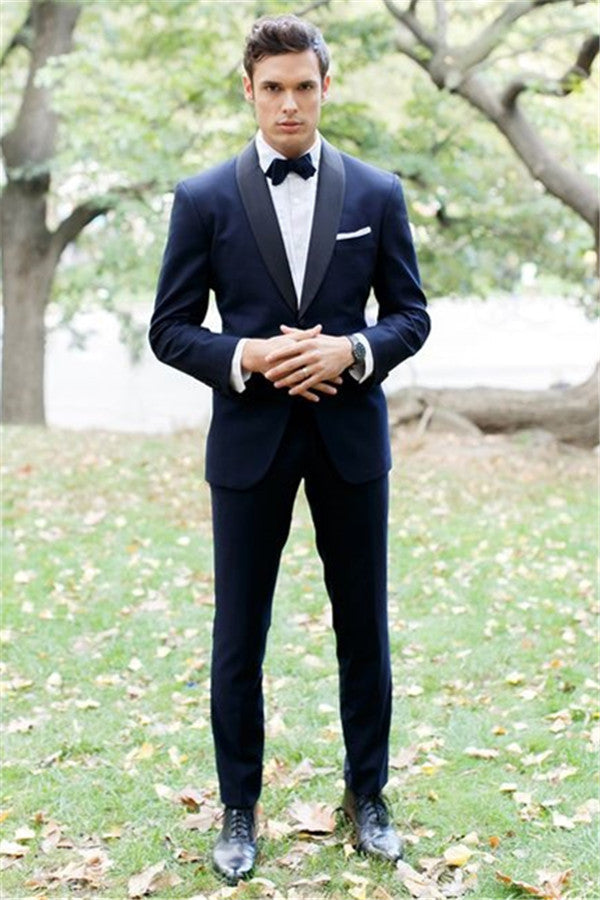 Ballbella made this Blue Shawl Lapel Bespoke Wedding Tuxedo, Two Pieces Slim Fit Men Suits Online with rush order service. Discover the design of this Blue Solid Shawl Lapel Single Breasted mens suits cheap for prom, wedding or formal business occasion.