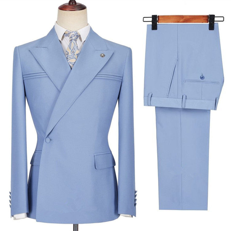 Blue Slim Fit Peaked Lapel Ruffles Designer Men's Prom Suits-Ballbella