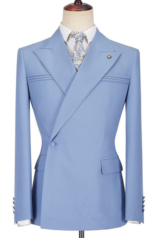 Blue Slim Fit Peaked Lapel Ruffles Designer Men's Prom Suits