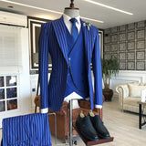 Blue Striped 3-pieces Peaked Lapel Formal Men Suits-Ballbella