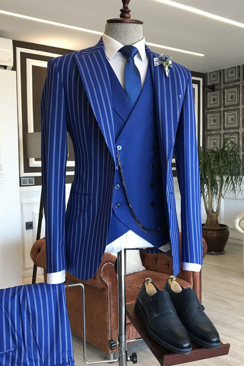 Blue Striped 3-pieces Peaked Lapel Formal Men Suits