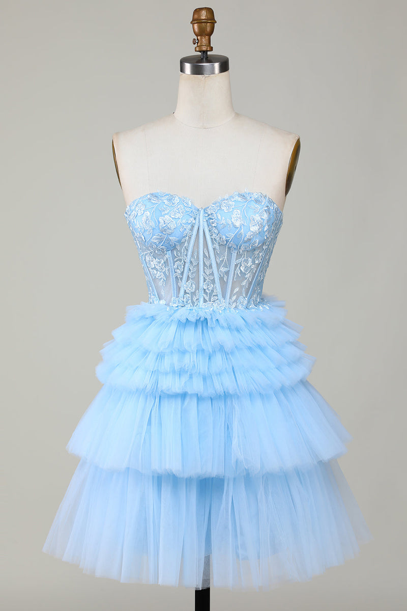 Blue Sweetheart A-Line Corset Short Homecoming Dress with Ruffles Ballbella Blue Sweetheart A-Line Corset Short Homecoming Dress with Ruffles Ballbella