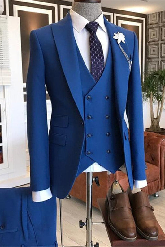 Blue Three-Pieces Peaked Lapel Men Suits-Ballbella
