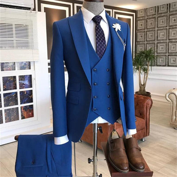 Blue Three-Pieces Peaked Lapel Men Suits-Ballbella