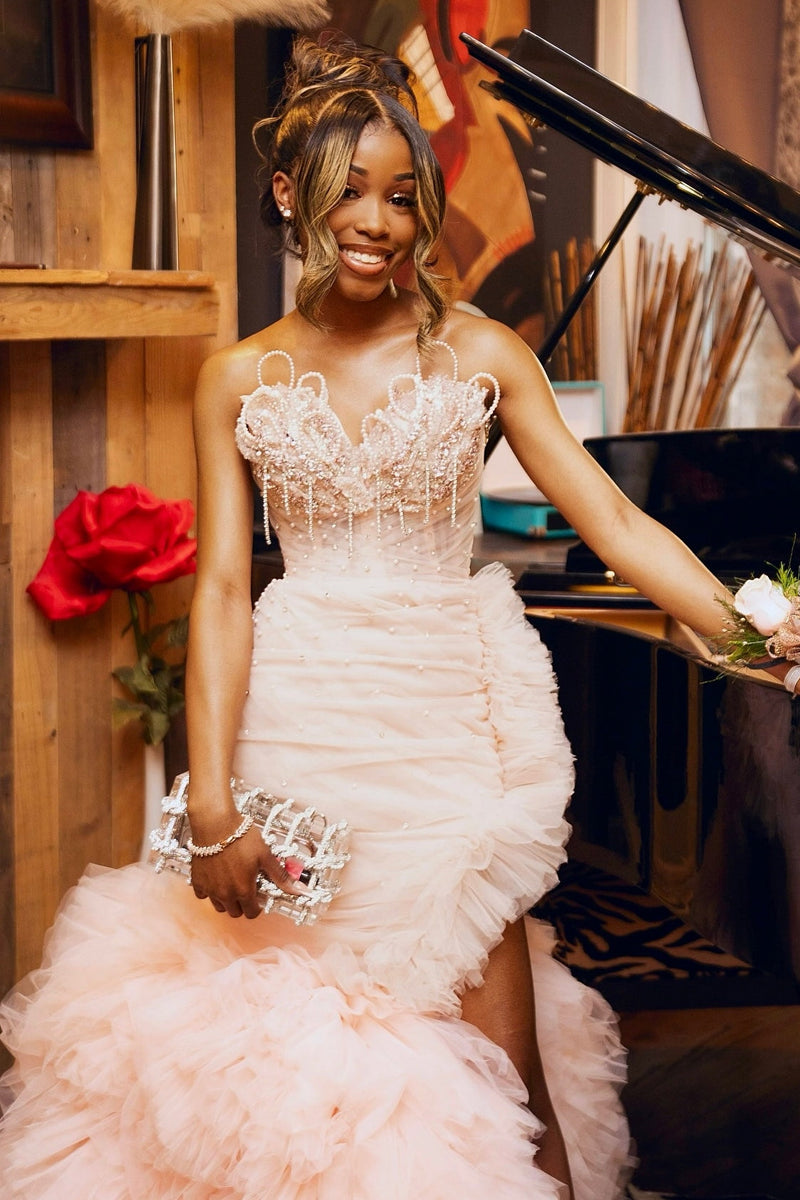 Blushing Pink Tulle Pearls Sweetheart Side Slit Ruffles Prom Dress-Ballbella