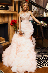 Blushing Pink Tulle Pearls Sweetheart Side Slit Ruffles Prom Dress-Ballbella