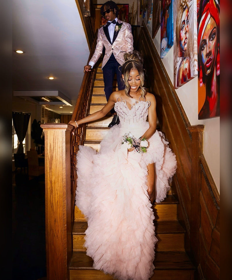 Blushing Pink Tulle Pearls Sweetheart Side Slit Ruffles Prom Dress-Ballbella