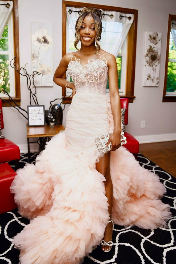 Blushing Pink Tulle Pearls Sweetheart Side Slit Ruffles Prom Dress-Ballbella