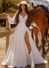 Boho Garden Lace Long Sleeves Chic A-line Wedding Dresses-Ballbella