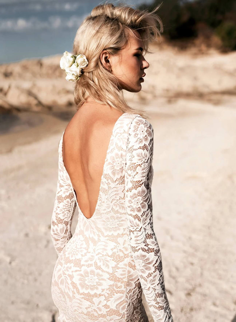 boho trumpet wedding dress Beach Boho Wedding Dress Mermaid/Trumpet Spaghetti Straps Lace Bridal Gown QW2363 US4 / Ivory