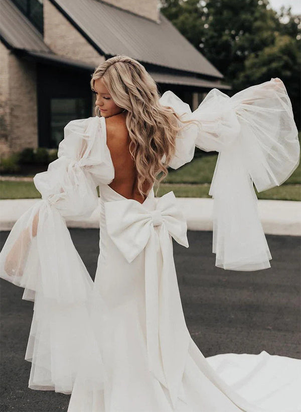 Boho Garden Mermaid Fitted Wedding Dress Open Back Bow-Ballbella