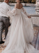 Boho Garden Tulle Off The Shoulder Long Sleeves A Line Wedding Dresses-Ballbella