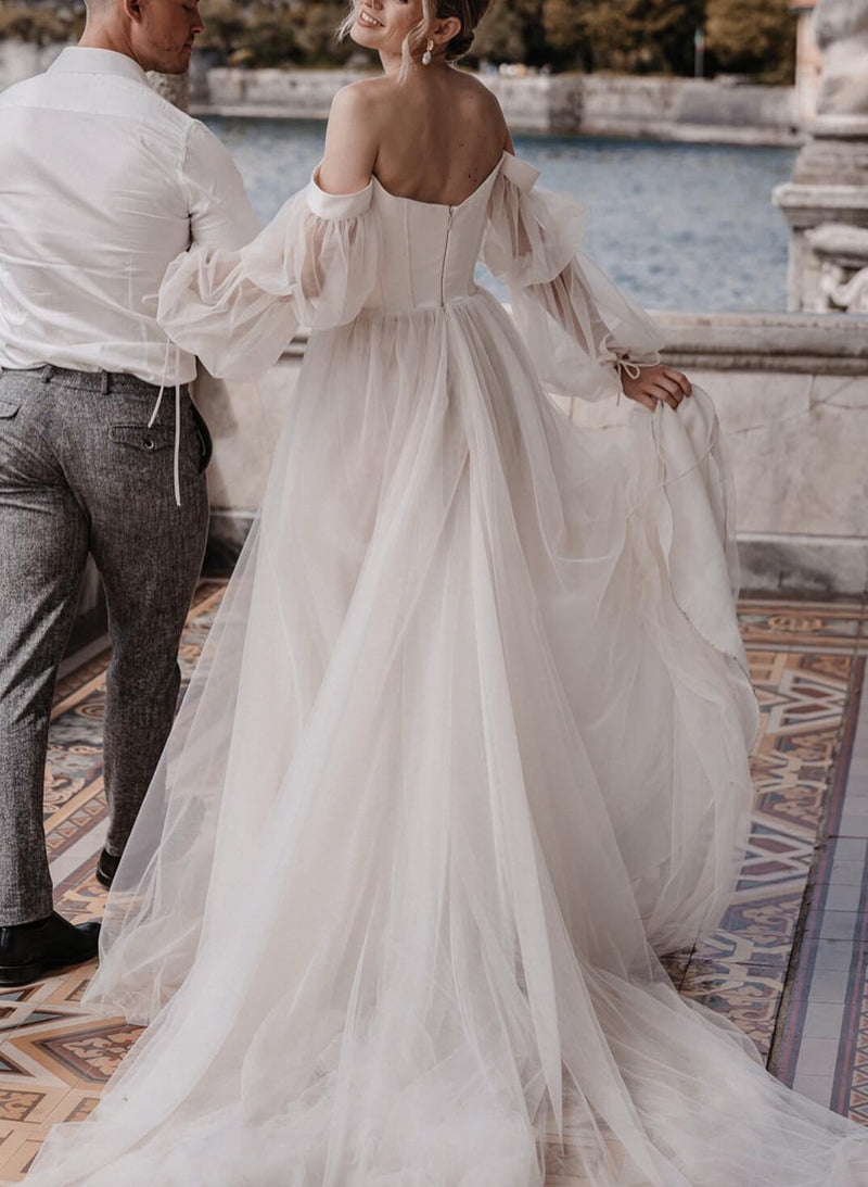 Boho Garden Tulle Off The Shoulder Long Sleeves A Line Wedding Dresses-Ballbella