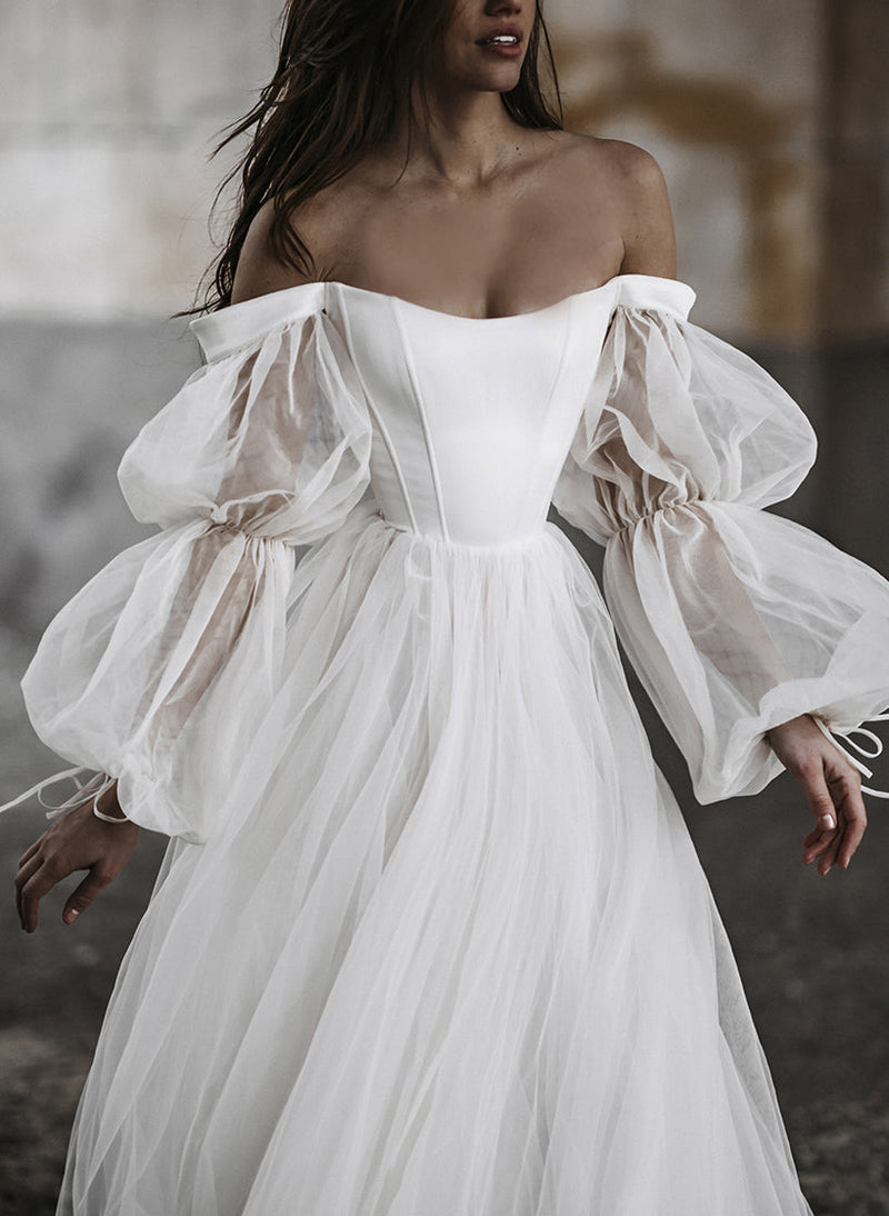Boho Garden Tulle Off The Shoulder Long Sleeves A Line Wedding Dresses-Ballbella