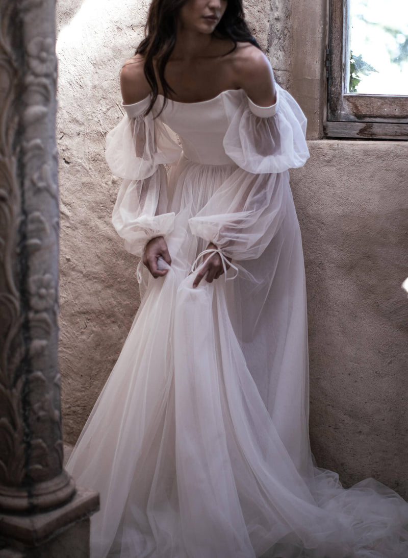Boho Garden Tulle Off The Shoulder Long Sleeves A Line Wedding Dresses-Ballbella