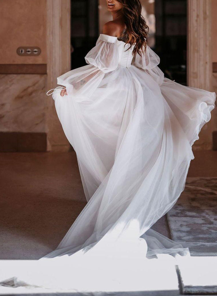 Boho Garden Tulle Off The Shoulder Long Sleeves A Line Wedding Dresses-Ballbella