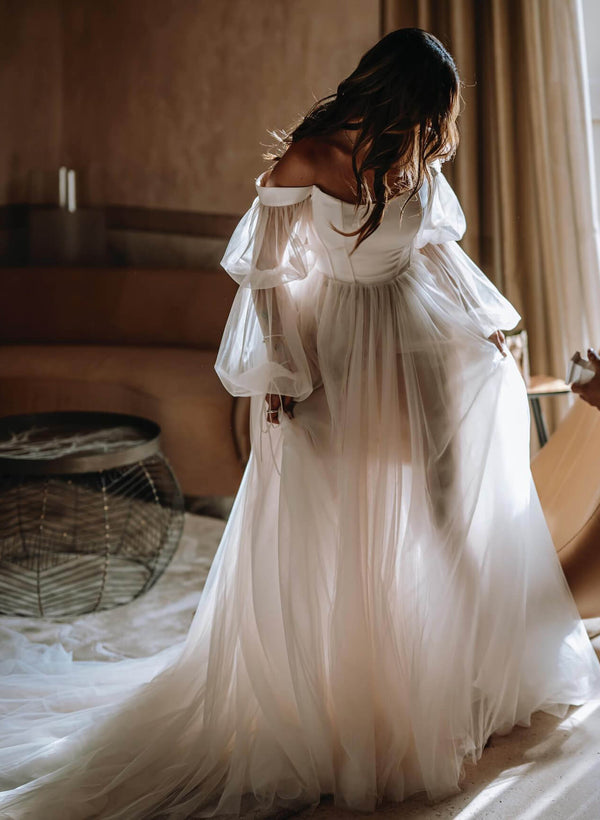 Boho Garden Tulle Off The Shoulder Long Sleeves A Line Wedding Dresses-Ballbella