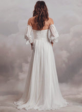Boho Garden Wedding Dresses Off-the-Shoulder Long Sleeves Chiffon Sweep Train-Ballbella