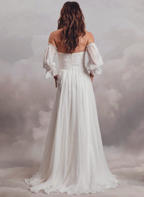 Boho Garden Wedding Dresses Off-The-Shoulder Long Sleeves Chiffon Sweep Train
