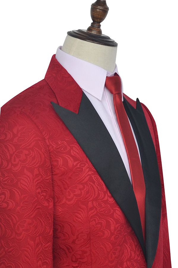 Bright Red Jacquard Peak Lapel with Black Silk Classy Mens Suits-Ballbella