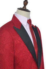 Bright Red Jacquard Peak Lapel with Black Silk Classy Mens Suits-Ballbella