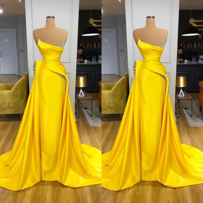 Bright Yellow Strapless Metallic Sequin Overskirt Prom Dress-Ballbella