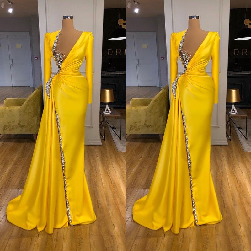 Bright Yellow V-neck Metallic Sequin Long sleeves Prom Dress-Ballbella