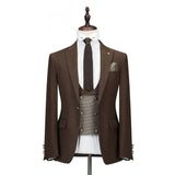 Brown Three Pieces Peaked Lapel Slim Fit Wedding Groom Suits-Ballbella