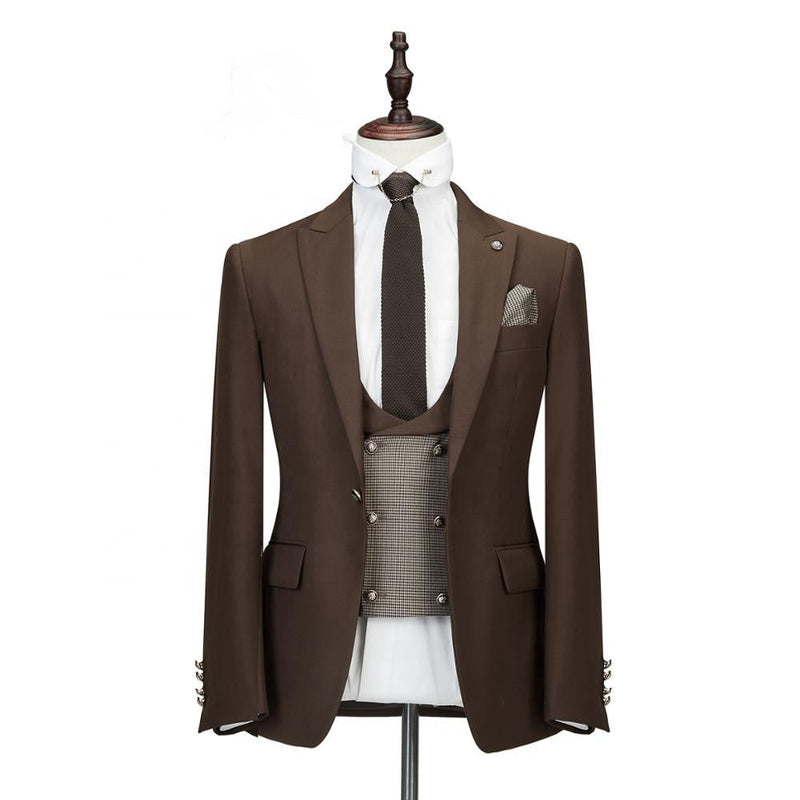 Brown Three Pieces Peaked Lapel Slim Fit Wedding Groom Suits-Ballbella